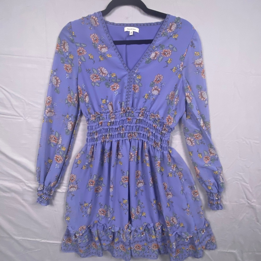 Max Studio Floral Smocked Waist Mini Dress Women Medium Purple‎ Polyester V-Neck